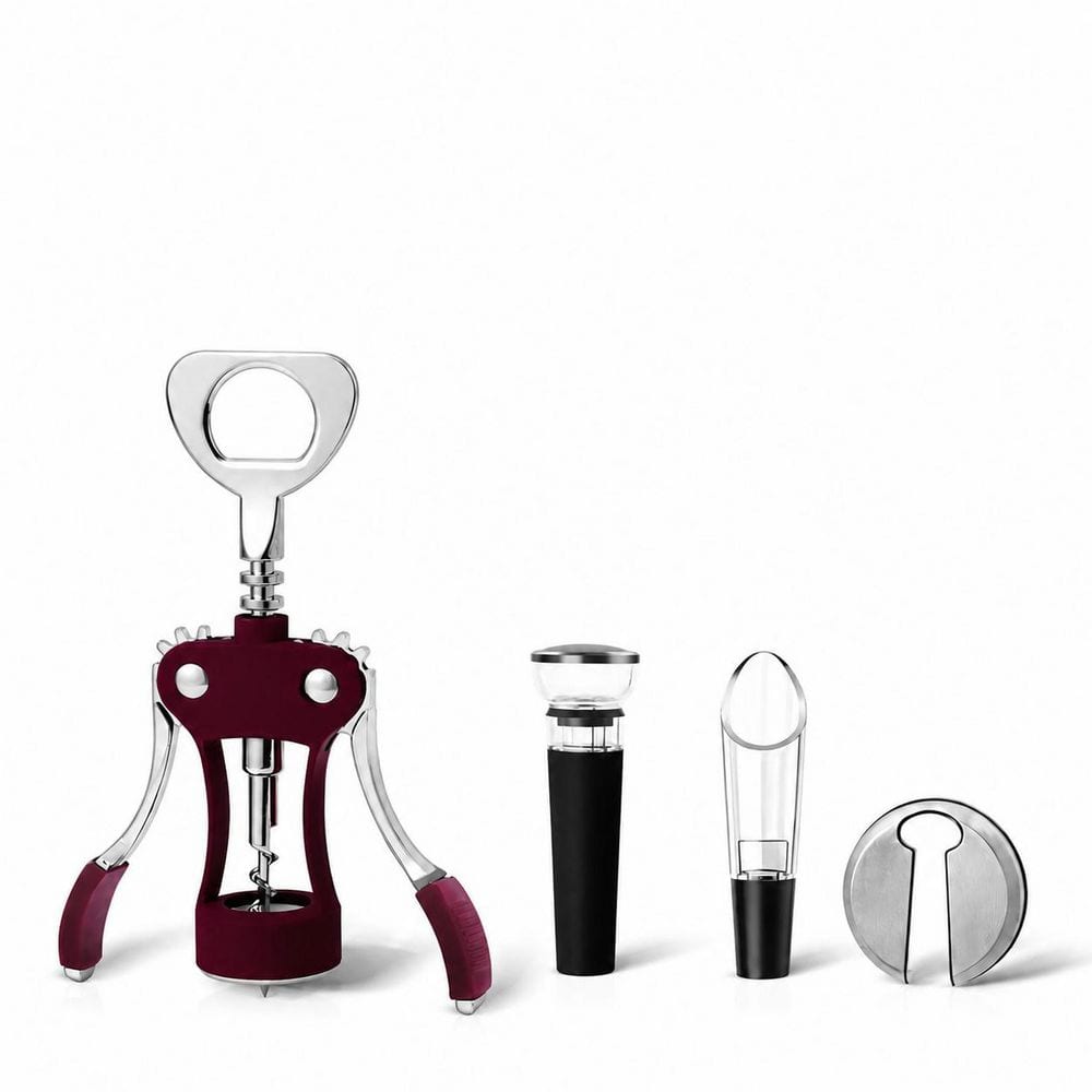 Wine Red Stainless Steel 4-Piece Wine Accessory Set with Wing Corkscrew, Foil Cutter, Stopper and Aerator Pourer price history on PriceWatchPro