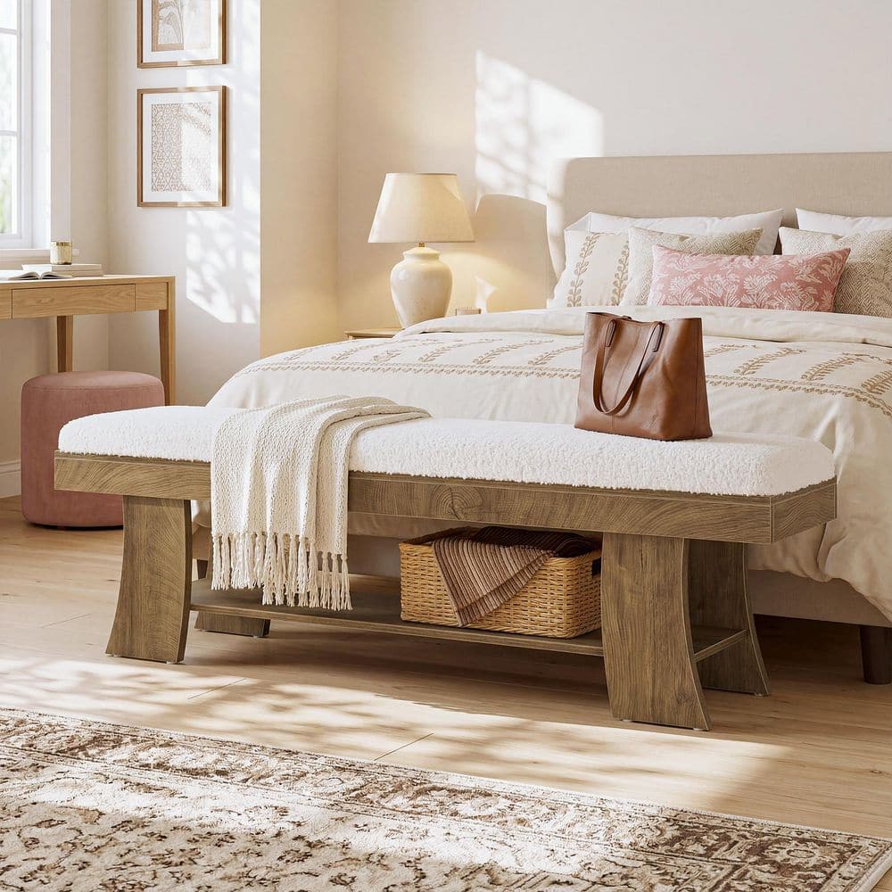 18 in. H x 59 in. W Brown Engineered Wood Frame Sherpa Upholstered Bedroom Bench Ottoman with Storage Shelf