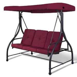 3-Person Dark Red Metal Outdoor Patio Swing Hammock Porch Swing Glider with Cushions and Adjustable Tilt Canopy
