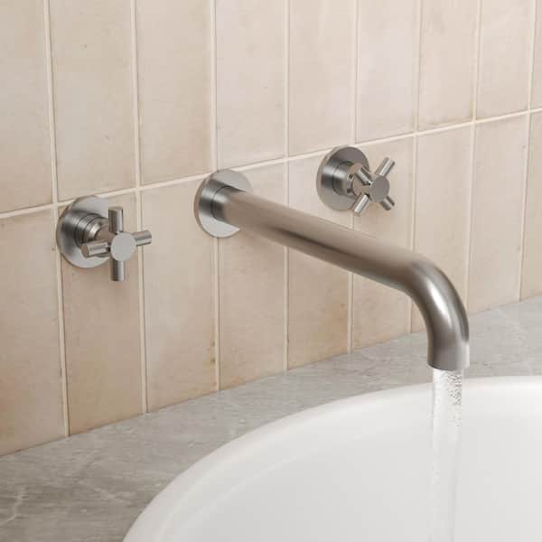 Double-Handle Wall Mount Roman Tub Faucet in Brushed Nickel (Valve Included)