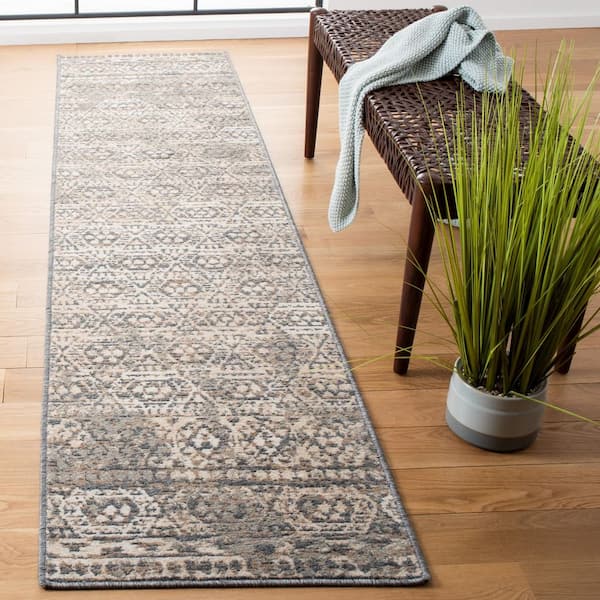 Pyramid 2 ft. x 9 ft. Ivory/Charcoal Geometric Ornate Runner Rug