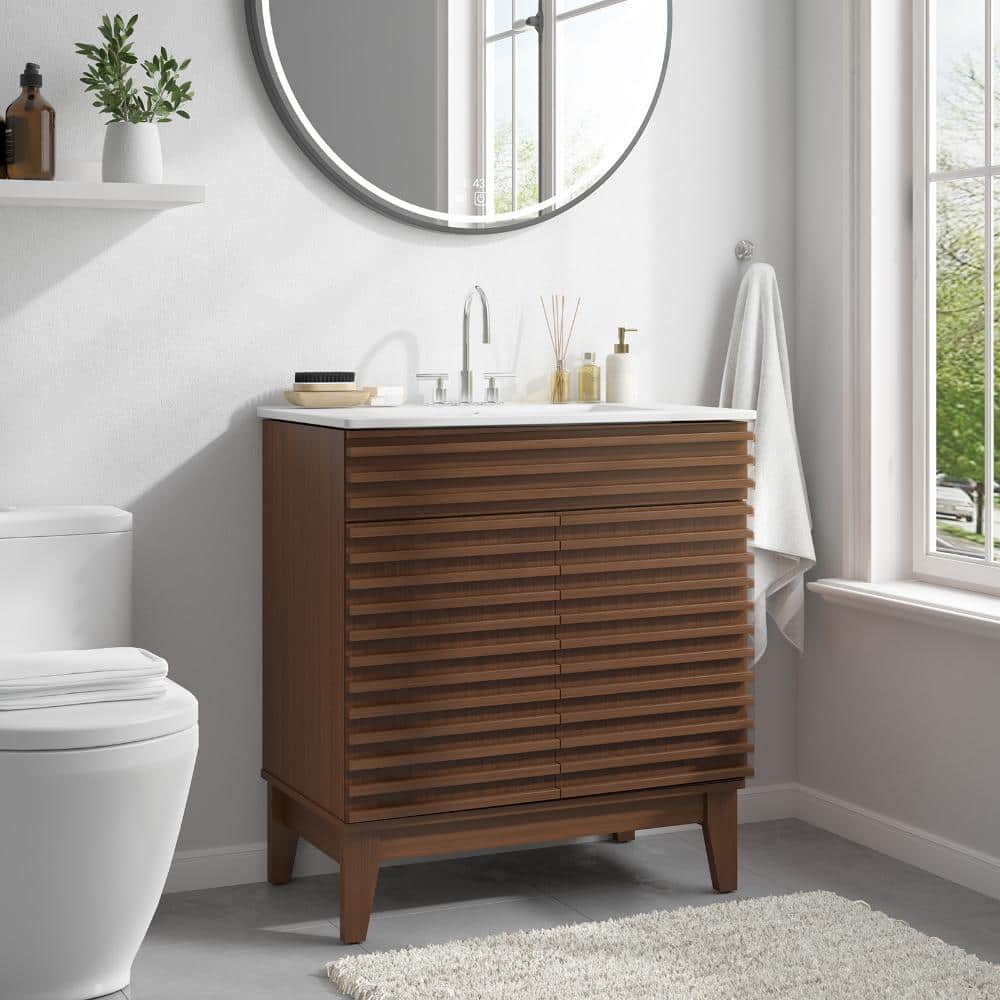 30 in. W Walnut Mid-Century Modern Single Bathroom Vanity with Integrated White Ceramic Sink and Soft-Close Doors price history on PriceWatchPro