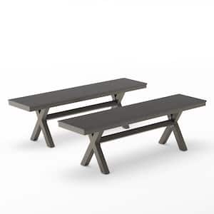 Domi 59 in. Aluminium Frame X-Leg Dark Gray Outdoor Bench with Plastic Top Patio Dining Benches for Table (Set of 2)
