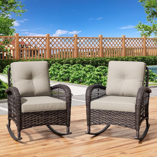 JOYSIDE Wicker Outdoor Rocking Chair Patio with Beige Cushion (2-Pack)