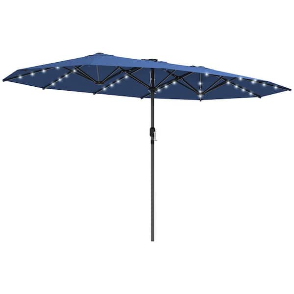 14.8 ft. Double Patio Umbrella in Blue, Large Outdoor Umbrella Sun Shade with LED Solar Light for Garden