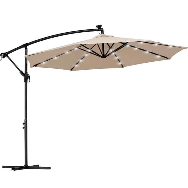 JEAREY 10 ft. Steel Solar Lighted Cantilever Patio Umbrellas with Sandbag Weighted Base in Beige