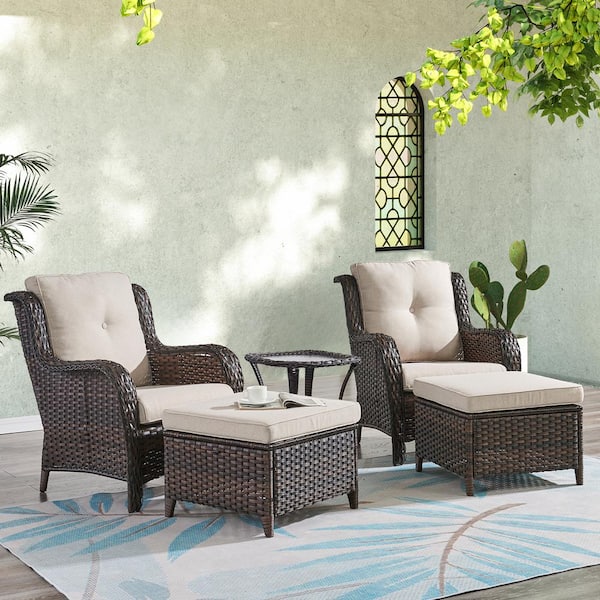 Opohoro ArcoBay 5-Piece Brown Wicker Outdoor Lounge Chairs Patio Conversation Set with Beige Cushions and Ottomans
