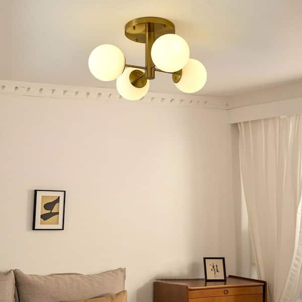 Modern 21.7 in. 4-Light Gold Industrial Semi-Flush Mount With opal Glass Shade