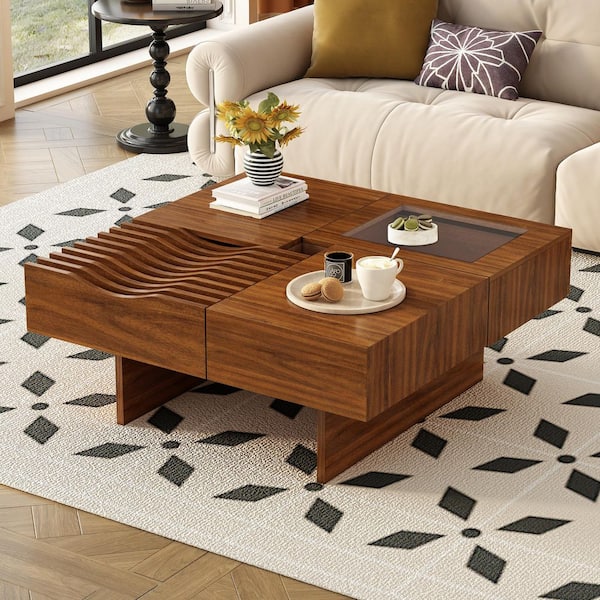 Amber Mid Century Modern 33 in. Brown Rectangle Wood Coffee Table, Console Table with 3 Drawers, Tempered glass