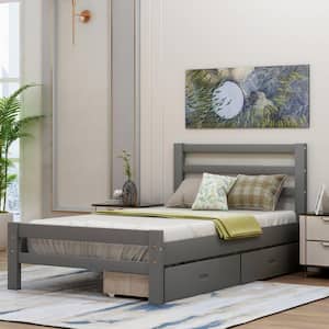 Gray Wood Frame Twin Size Platform Bed with 2-Drawers