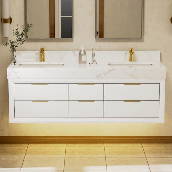 Solidoak 60 in. W x 20.9 in. D x 21.3 in. H Double Sink Bath Vanity in White with White Cultured Marble Top, night light