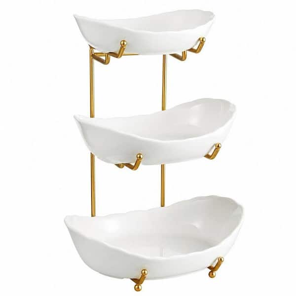 3-Tier White Ceramic Serving Bowls with Golden Metal Stand for Kitchen Counter, Fruit Basket for Fruit Snack Storage
