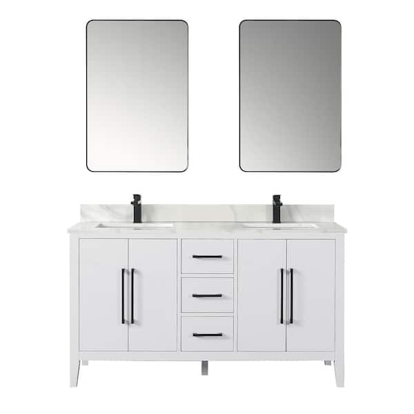 Altair Laurel 60 in. W x 22 in. D x 34 in. H Double Sink Bath Vanity in White with Calacatta White Quartz Top and Mirror