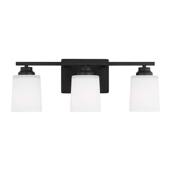Generation Lighting Vinton 20.75 in. 3-Light Midnight Black Bathroom Vanity Light with Etched White Glass Shades, LED Light Bulbs Included