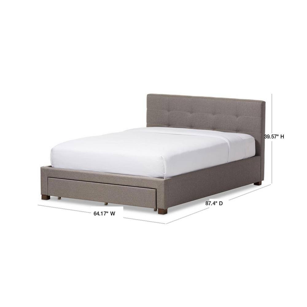 Grey Upholstered Queen Platform Bed with Storage Drawer