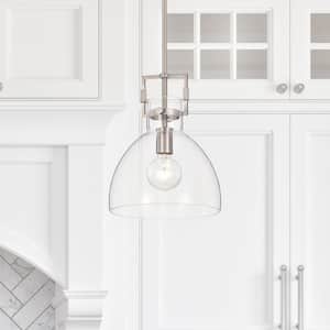 Essence 60-Watt 10 in. 1-Light Brushed Nickel Pendant Light with Bowl Shaped Clear Glass Shade, Bulb Not Included
