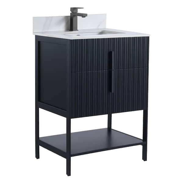 24 in. W x 18 in. D x 33.5 in. H Bath Vanity in Black Matte with White Carrara Stone Top in White With Black Hardware