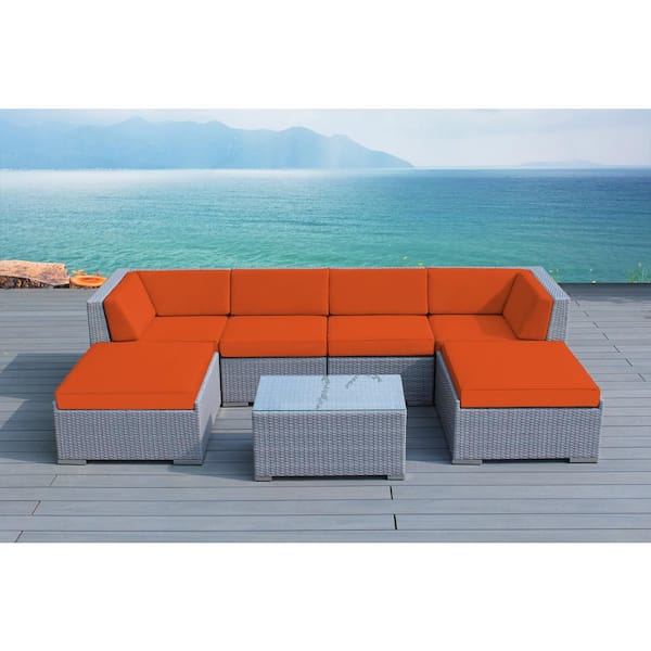 Ohana Depot Ohana Gray 7-Piece Wicker Patio Seating Set with Supercrylic Orange Cushions