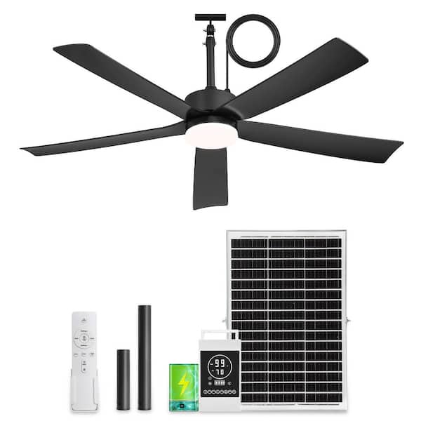 52 in Black Waterproof Standard Solar ceiling fan with light, 3CCT,Timer,40W solar panel for porches,Downrod Mount