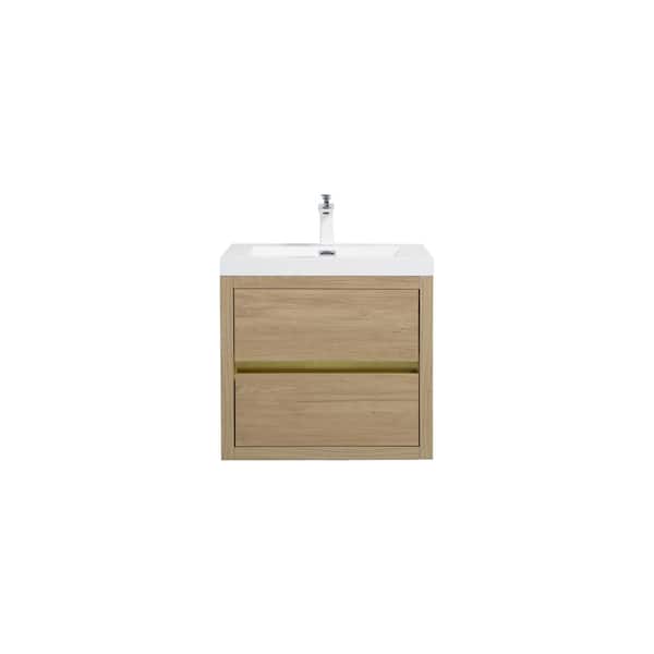 Haven 23.6 in. Modern Floating Natural Oak Bath Vanity with White Resin Top, Drawers, Wood