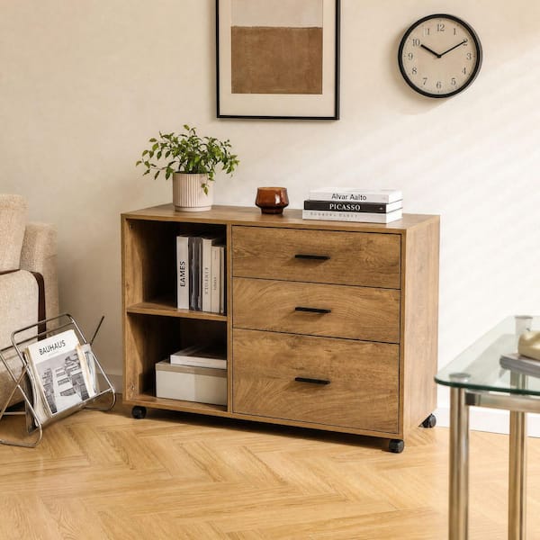 Atencio 3-Drawer Brown Wood 39.37 in. W Lateral File Cabinet with Open Storage Shelves and Adjustable Hanging Rail