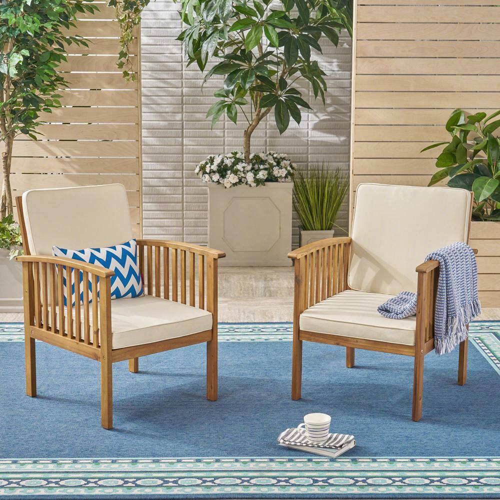 Gray Acacia Wood Outdoor Club Chairs with Cream Cushions