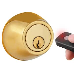 Polished Brass Single-Cylinder Electronic Deadbolt with Keyless Entry via Remote Control for Exterior Doors