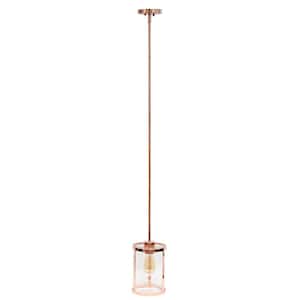9.25 in. Rose Gold Adjustable Modern Industrial Farmhouse 1-Light Metal and Clear Cylindrical Glass Shade Pendant Light