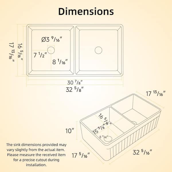 33 in. L x 18 in. W Double Bowl Farmhouse Sink, White Fireclay Farm Sink, Apron Front Sink With Custom Sink Accessories