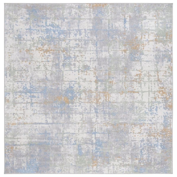 Bayside Gray/Ivory Blue 7 ft. x 7 ft. Machine Washable Abstract Distressed Square Area Rug