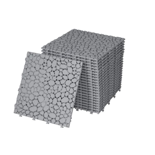FIROMO 12 in. x 12 in. Gray Plastic Waterproof Cobblestone Pattern Interlocking Floor, Patio Deck Tile (24 PCS)