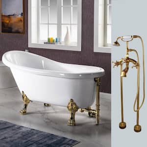 Helena 59 in. Heavy Duty Acrylic Slipper Clawfoot Bath Tub in White Faucet, Claw Feet, Drain & Overflow in Polished Gold