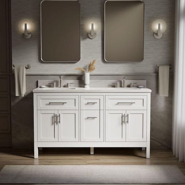 Hadron 61 in. Double Sink Freestanding White Bath Vanity with White Quartz Top Assembled