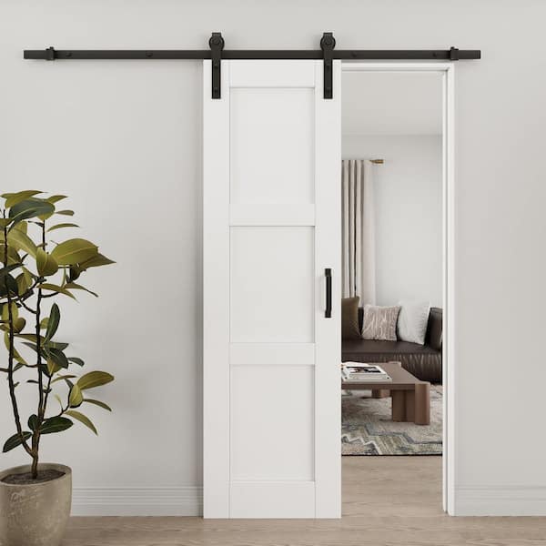 ARK DESIGN 22 in. x 80 in. Paneled 3-Lite White Primed MDF Composite Sliding Barn Door with Hardware Kit