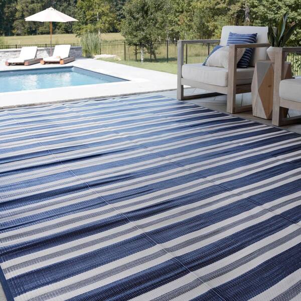 Luna Navy 9 ft. x 12 ft. Stripes Indoor/Outdoor Area Rug