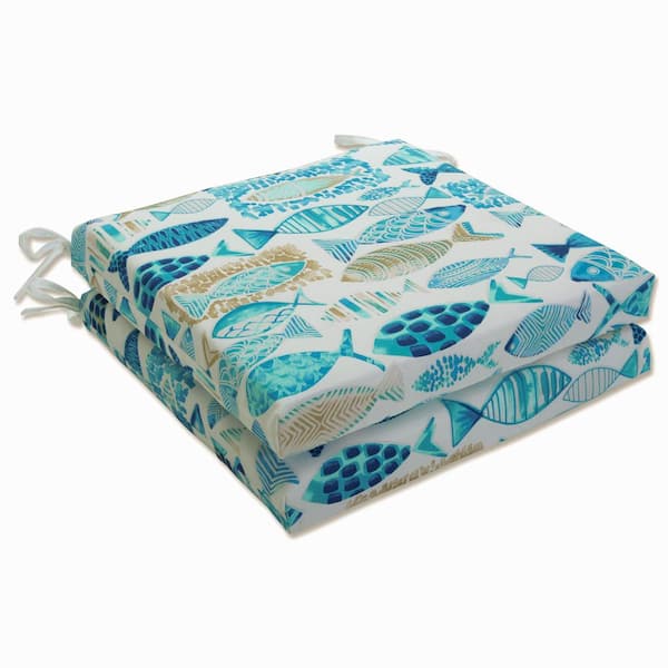 Pillow Perfect Tropical 20 in. x 20 in. Outdoor Dining Chair Cushion in Blue/Tan/Off-White (Set of 2)