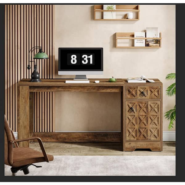 BYBLIGHT Moronia 59 in. Rectangular Brown Engineered Wood 1-Drawer Computer Desk with Storage Cabinet for Home Office