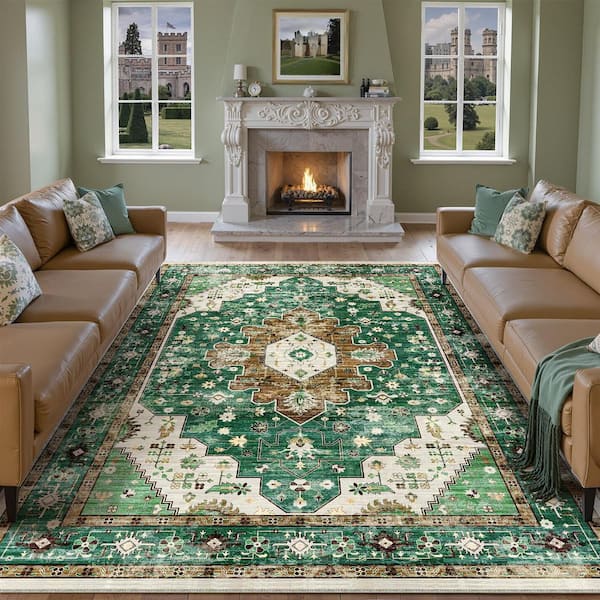 HaiiMeid Mandela Green 8 ft. x 10 ft. Vintage Washable Medallion