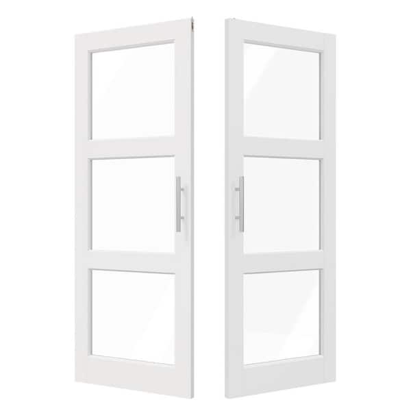 60 in. x 80 in. Solid Wood & MDF, 3 Lite, Clear Glass White Pantry Door, Interior Door Slab With Ball Catch & Top Latch