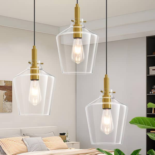 Deyidn Modern Simplicity 3-Light Gold Chandelier with Glass Shade and Height Adjustable, Pendant Light for Kitchen Island