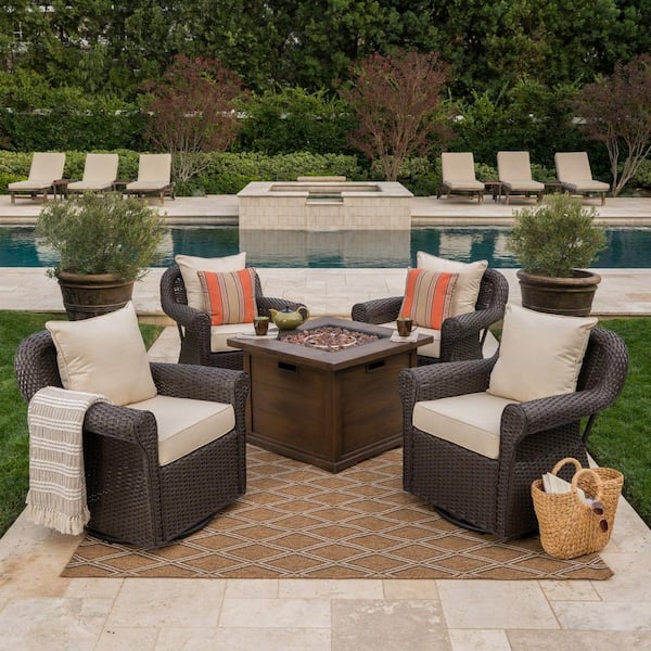 Noble House Venti Dark Brown 5-Piece Faux Rattan Patio Fire Pit Set with Beige Cushions