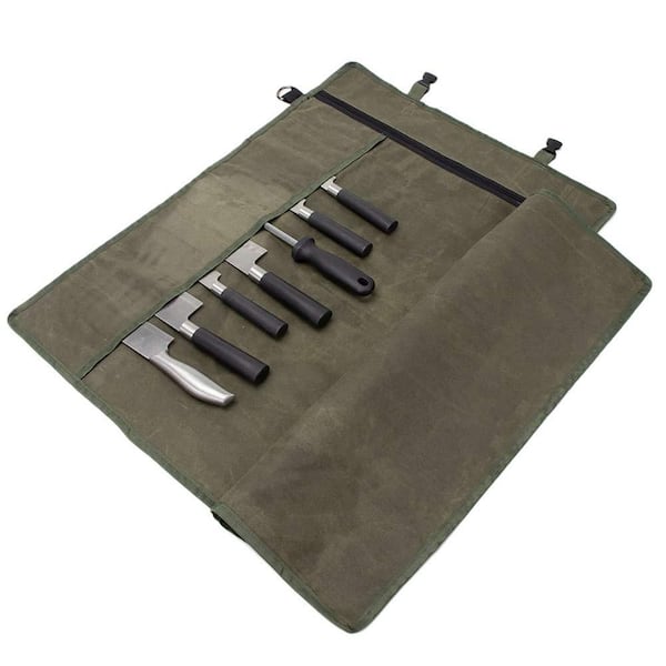 Green Waxed Canvas Knife Cultery Carrier, Portable Chef Knife Cases, Knife Pouch Holders, 10 Slots Plus 1 Zipper Pockets
