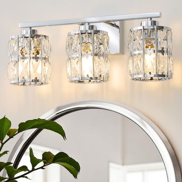 Deyidn 18.9 in. 3-Light Chrome Vanity Light Dimmable Modern Luxury Bathroom Vanity Light with Crystal Shade