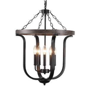 5-Light Black and Wood Grain Cage Candle Chandelier for Kitchen Island with no Bulbs Included