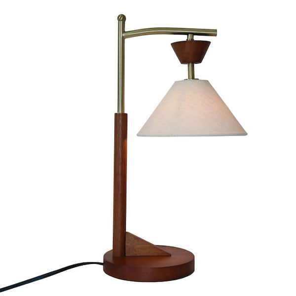 Jushua 20 in. H Wood Creative Desk Lamp Led Eye Protection Brown Solid Wood Base with Cone Linen Shade Task and Reading
