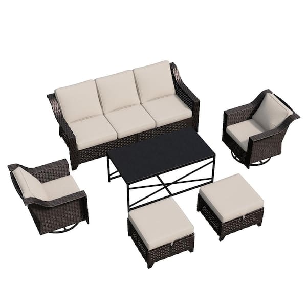 6-Piece Wicker Swivel Rocking Chairs Outdoor Patio Conversation Set with Beige Cushions and Coffee Table