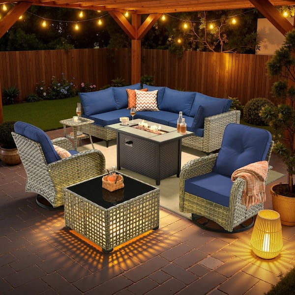 Solvoc 9-Piece Wicker Outdoor Patio Conversation Set with 42 in. Fire Pit Table, Navy Blue Cushions and Swivel Chairs