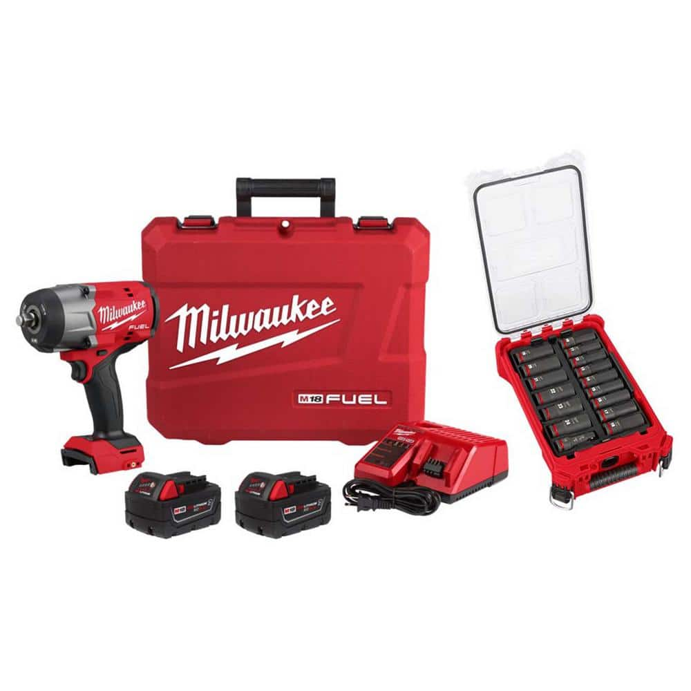 M18 FUEL 18V Lithium-Ion Brushless Cordless High-Torque 1/2 in. Impact Wrench w/Friction Ring Kit and Impact Socket Set -  Milwaukee, 2967-22-6803