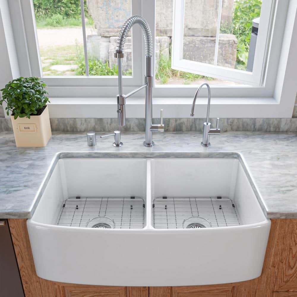 White Fireclay Double Bowl Farmhouse Kitchen Sink