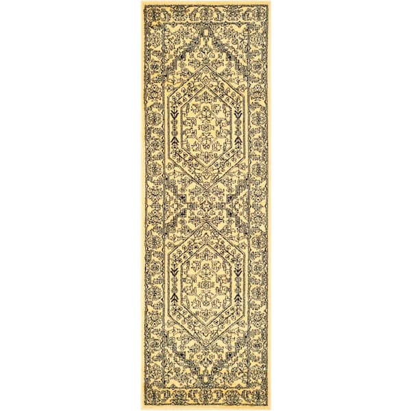 Adirondack Gold/Black 3 ft. x 22 ft. Border Medallion Runner Rug